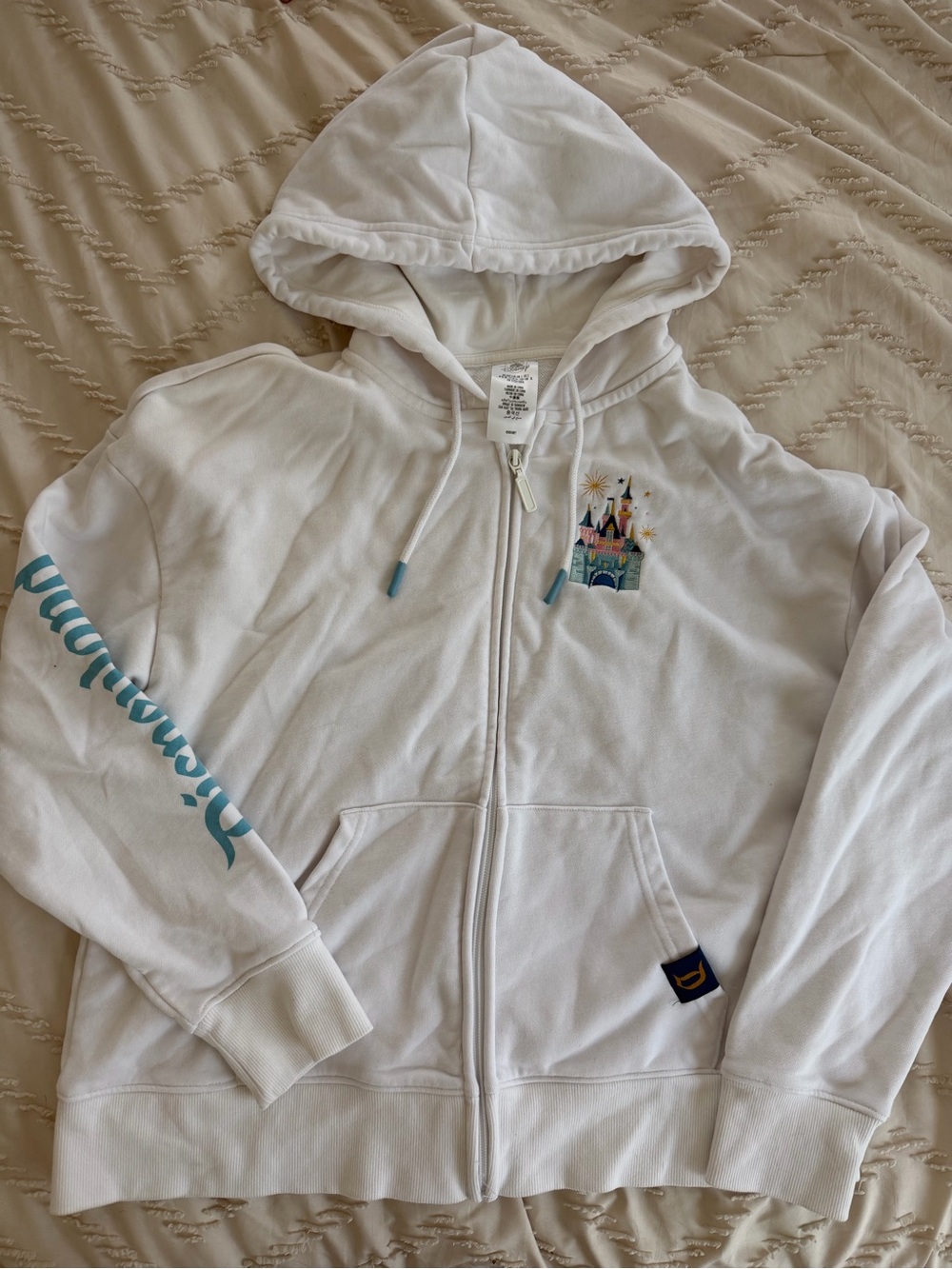 Disney White Zip-Up Hoodie with Castle Patch and Teal Accents